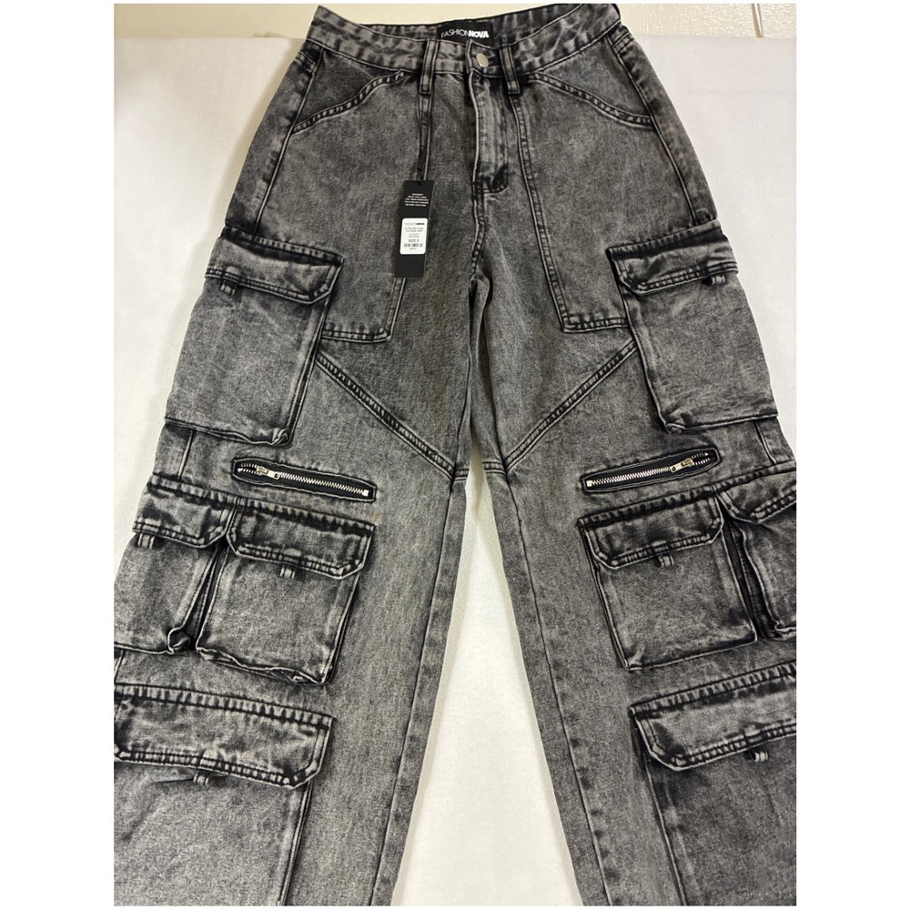 Fashion Nova In The Mix Ankle Tie Cargo Jean Womens Size 5 Black Acid Wash Denim